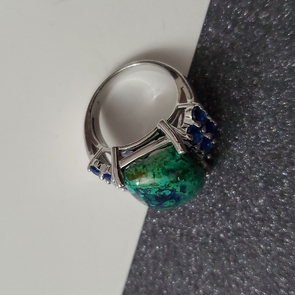 Sterling Silver 925 Azurite Malachite & Sapphire Ring Earthly Elegance - Picture 7 of 8